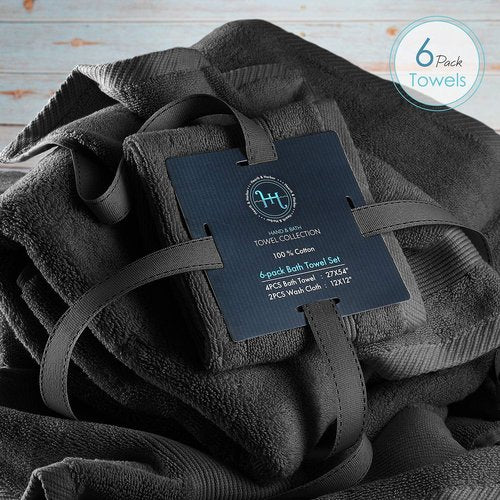 Hearth & Harbor Bath Towels - Luxury 100% Ring Spun Cotton Set of 6 | Ultra Soft & Highly Absorbent - Black