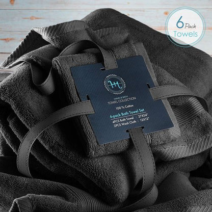 Hearth & Harbor Bath Towels - Luxury 100% Ring Spun Cotton Set of 6 | Ultra Soft & Highly Absorbent - Black