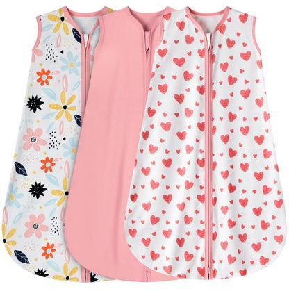 BSTOPPT 3 Pack Baby Sleep Sack 0-6 Months 100% Rayon Cotton Baby Sleeping Bag 2-Way Zipper Toddler Wearable Blankets Comfy Stretchy Lightweight TOG 0.3 （Heart&Pink&Floral）