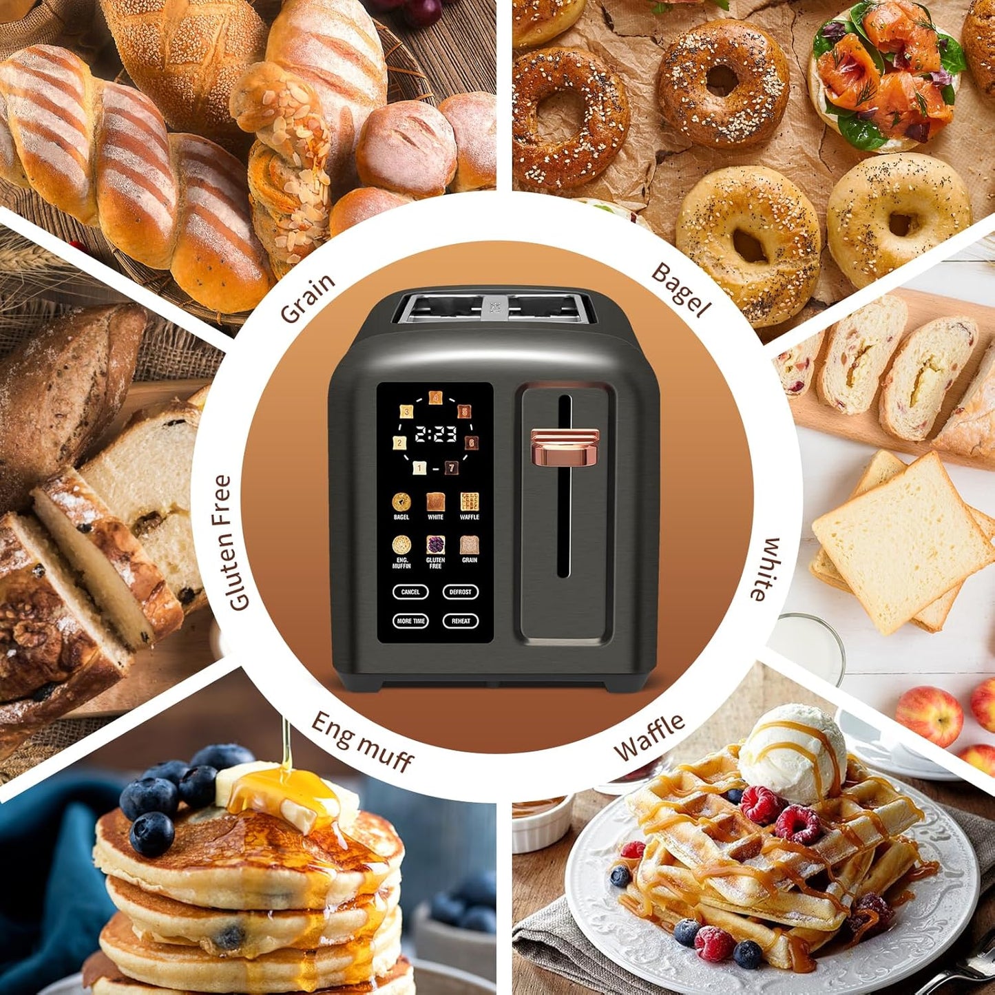 SEEDEEM 2-Slice Toaster - Touch Control LCD Display, 50% Faster Heating, 1.4'' Wide Slots, Dark Metallic