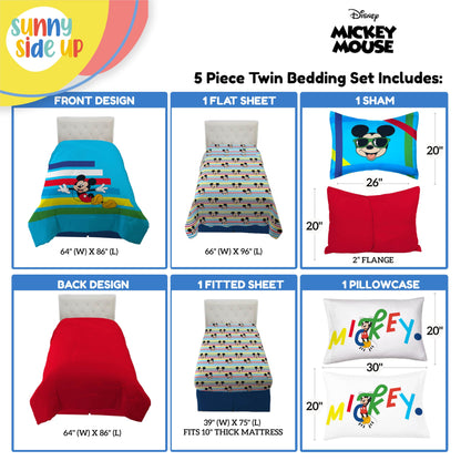 Sunny Side Up Disney Mickey Mouse Twin Comforter Set - 5 Piece Kids Bedding Includes Comforter, Sheets & Pillow Cover - Super Soft Microfiber Bed Set