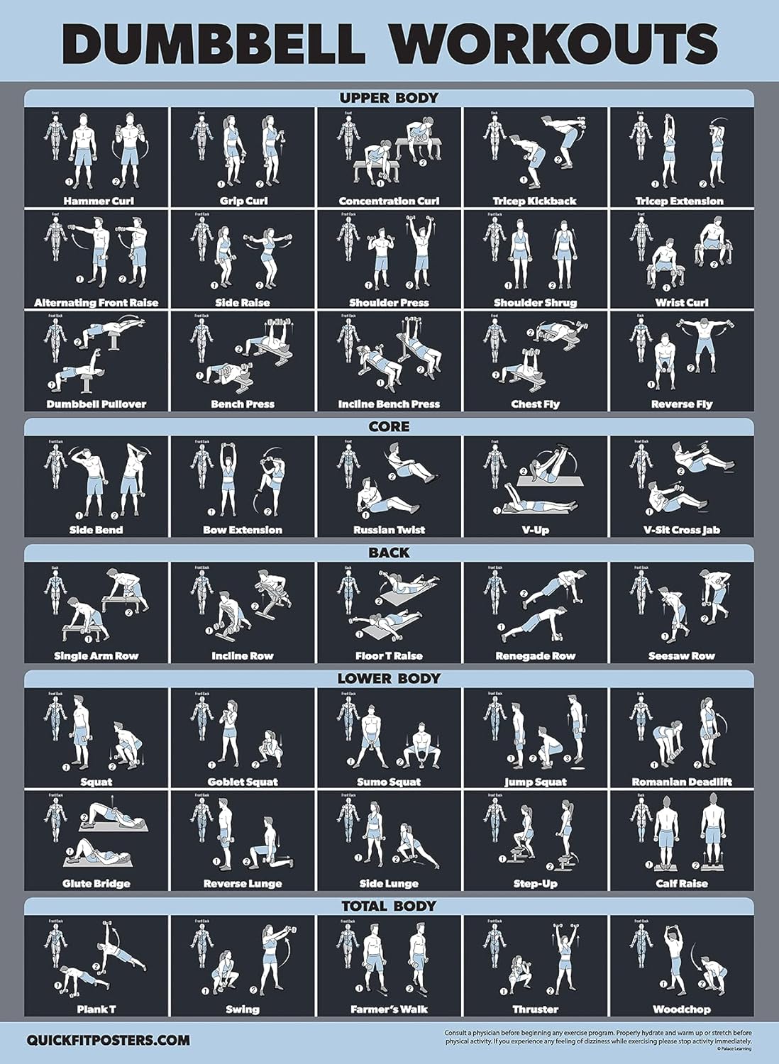 Palace Learning Dumbbell Workout Exercise Poster - Laminated, Dark | 18" x 24" Size
