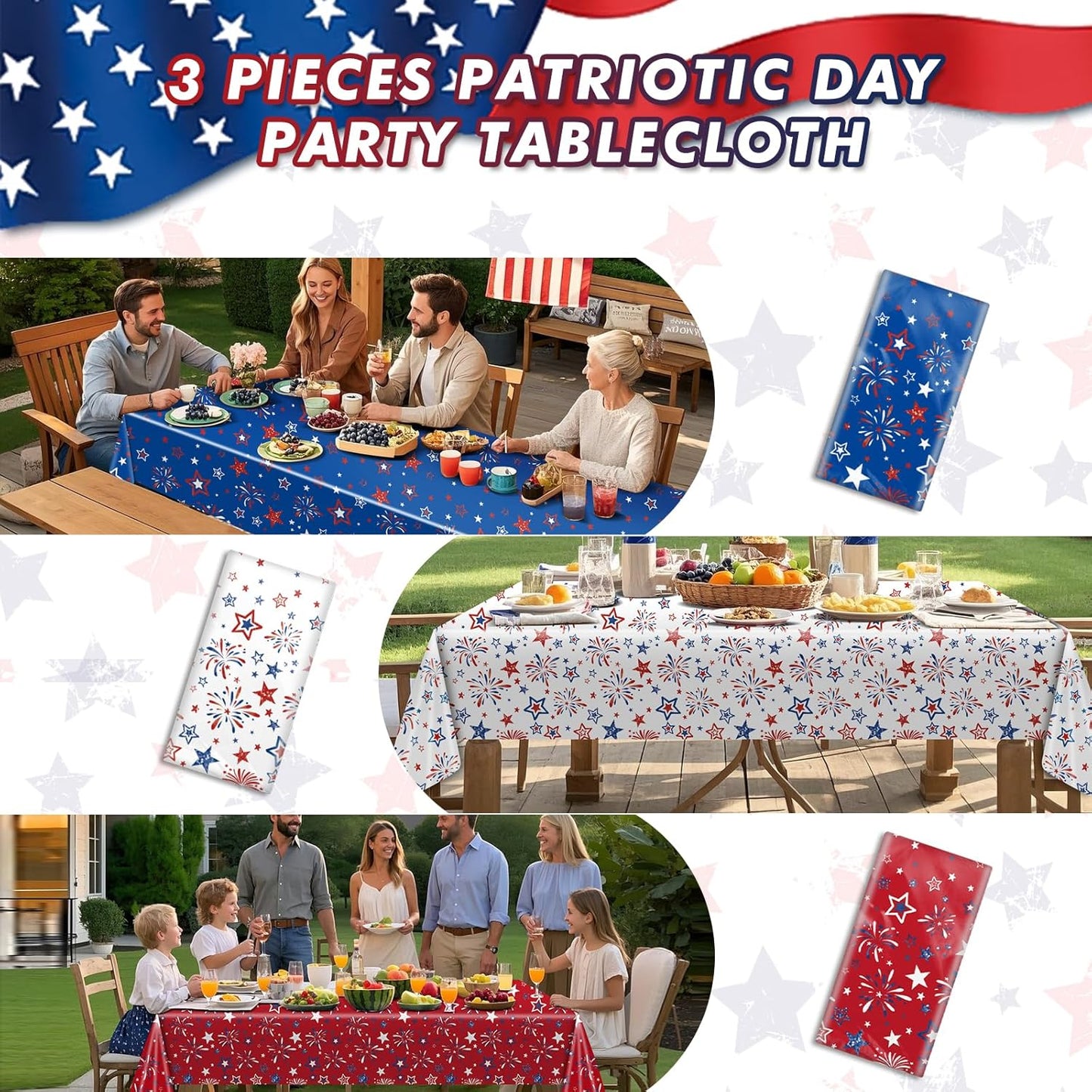 Patriotic Tablecloth Set by [Brand Name] - 3 Pcs Red, White & Blue Disposable Table Covers | 54 x 108 Inch for 4th of July & Memorial Day Celebrations
