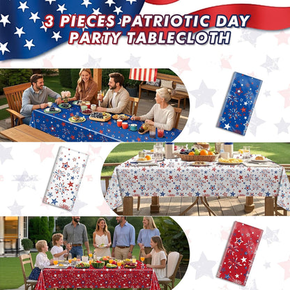 Patriotic Tablecloth Set by [Brand Name] - 3 Pcs Red, White & Blue Disposable Table Covers | 54 x 108 Inch for 4th of July & Memorial Day Celebrations