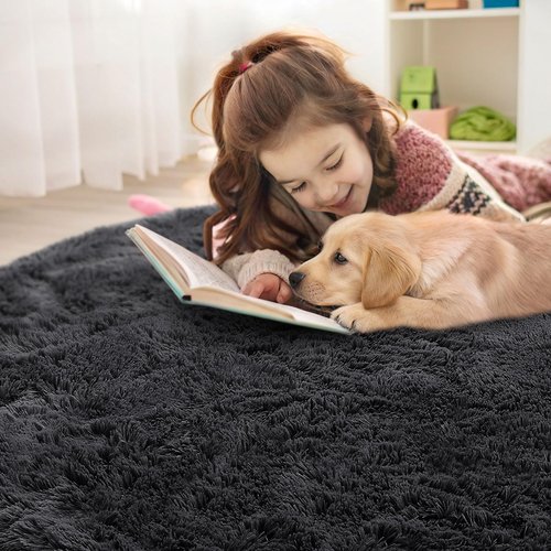 OLANLY Black Round Rugs for Bedroom - Machine Washable, 3 ft Circle Area Rugs for Living Room, Soft and Fluffy Shaggy Carpet for Teen Girls and Boys, Nursery Rooms, Dorms, Home Decor Aesthetic