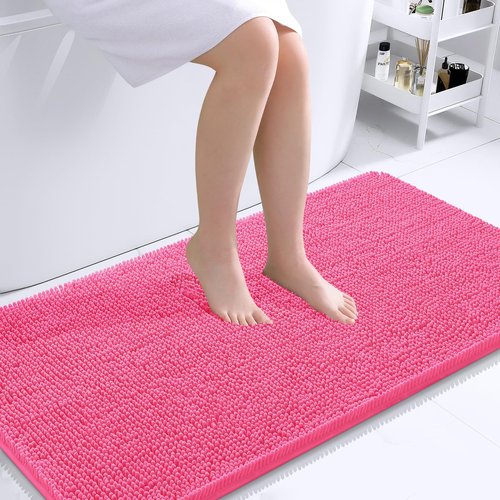 OLANLY Bathroom Rugs 40x24, Extra Soft Absorbent Chenille Bath Rugs, Rubber Backing Quick Dry, Machine Washable Bath Mats for Bathroom Floor, Tub and Shower, Home Decor Accessories, Hot Pink