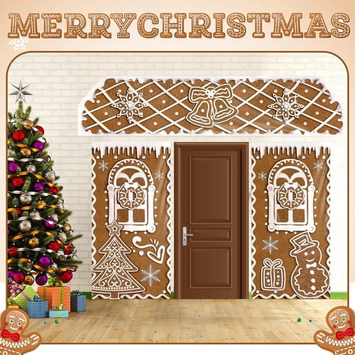 HunnmingRe Christmas Gingerbread House Decorations - 3 Pcs Door Covers & Backdrop | Snowflakes Style