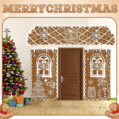 HunnmingRe Christmas Gingerbread House Decorations - 3 Pcs Door Covers & Backdrop | Snowflakes Style