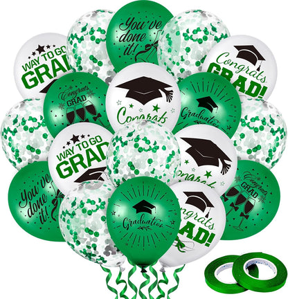 Whaline Graduation Party Balloon Set - 60 Pcs in Green & White with Confetti | Includes 2 Rolls of Ribbon