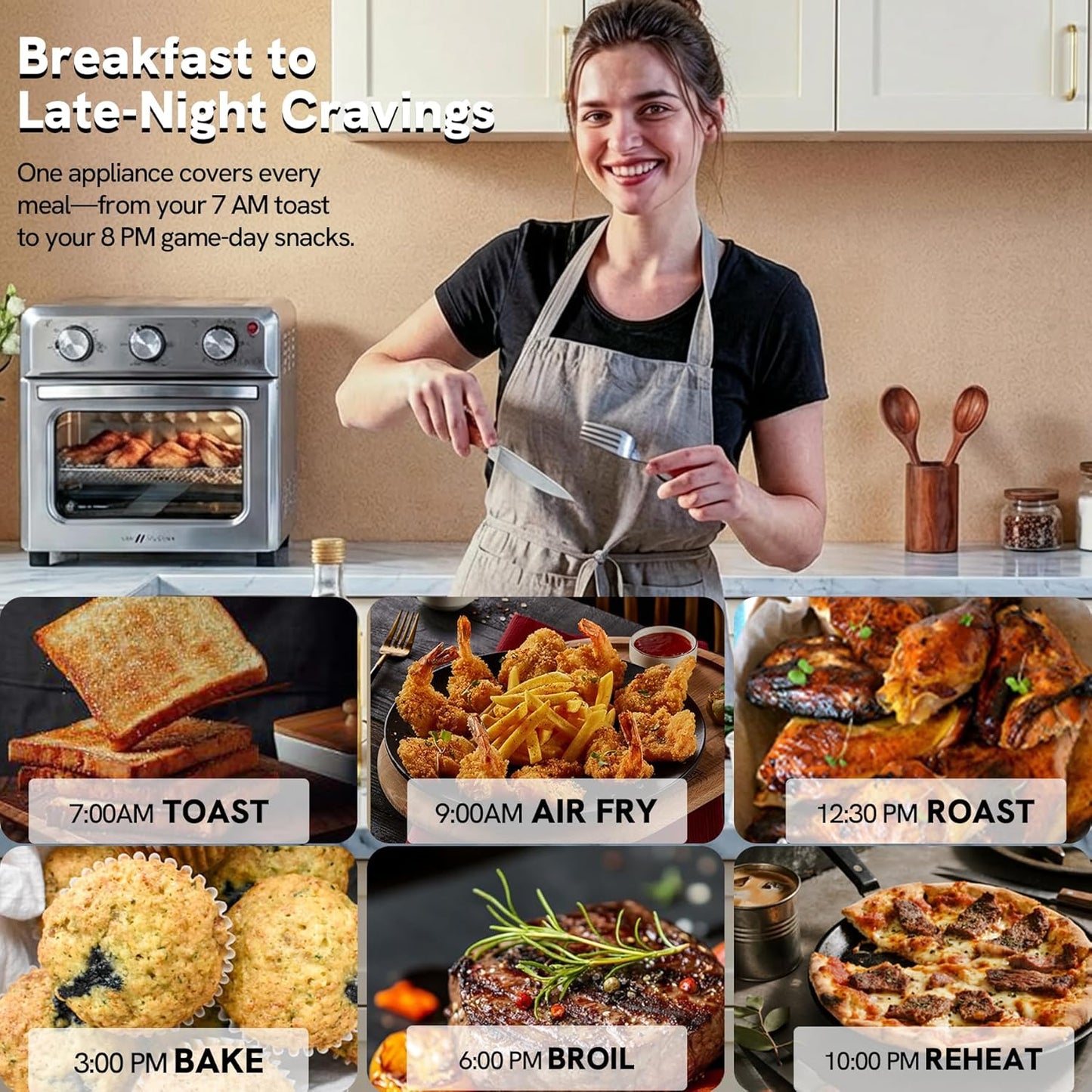 VAL CUCINA 6-in-1 Air Fryer Toaster Oven Combo - Compact 12.7 QT Convection Oven for 9" Pizza & 4 Toast