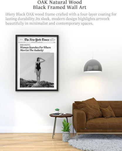 iHery Premium Natural Black Oak Wood Framed Wall Art - Retro Woman Canvas Decor 12x16in for Girly Dorm & Living Room