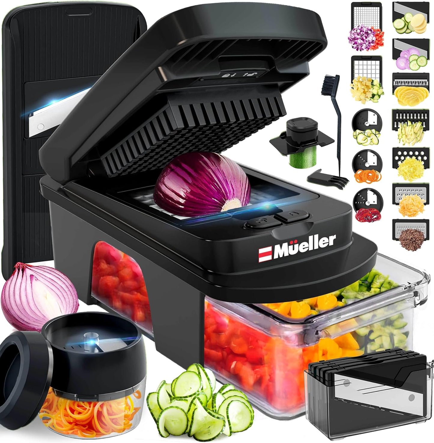Mueller ULTIMATE 12-Blade Vegetable Chopper - Versatile Mandoline Slicer & Spiralizer | Black Kitchen Essential