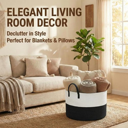 JMvicyroam 65L Extra Large Blanket Basket - Woven Cotton Rope Laundry Hamper with Handles | Machine Washable, White & Black
