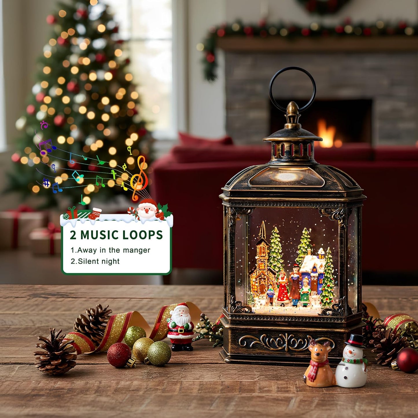 VISFLAIR Musical Snow Globe Lantern - Lighted Church Carolers Christmas Decoration | Battery Operated & USB Powered