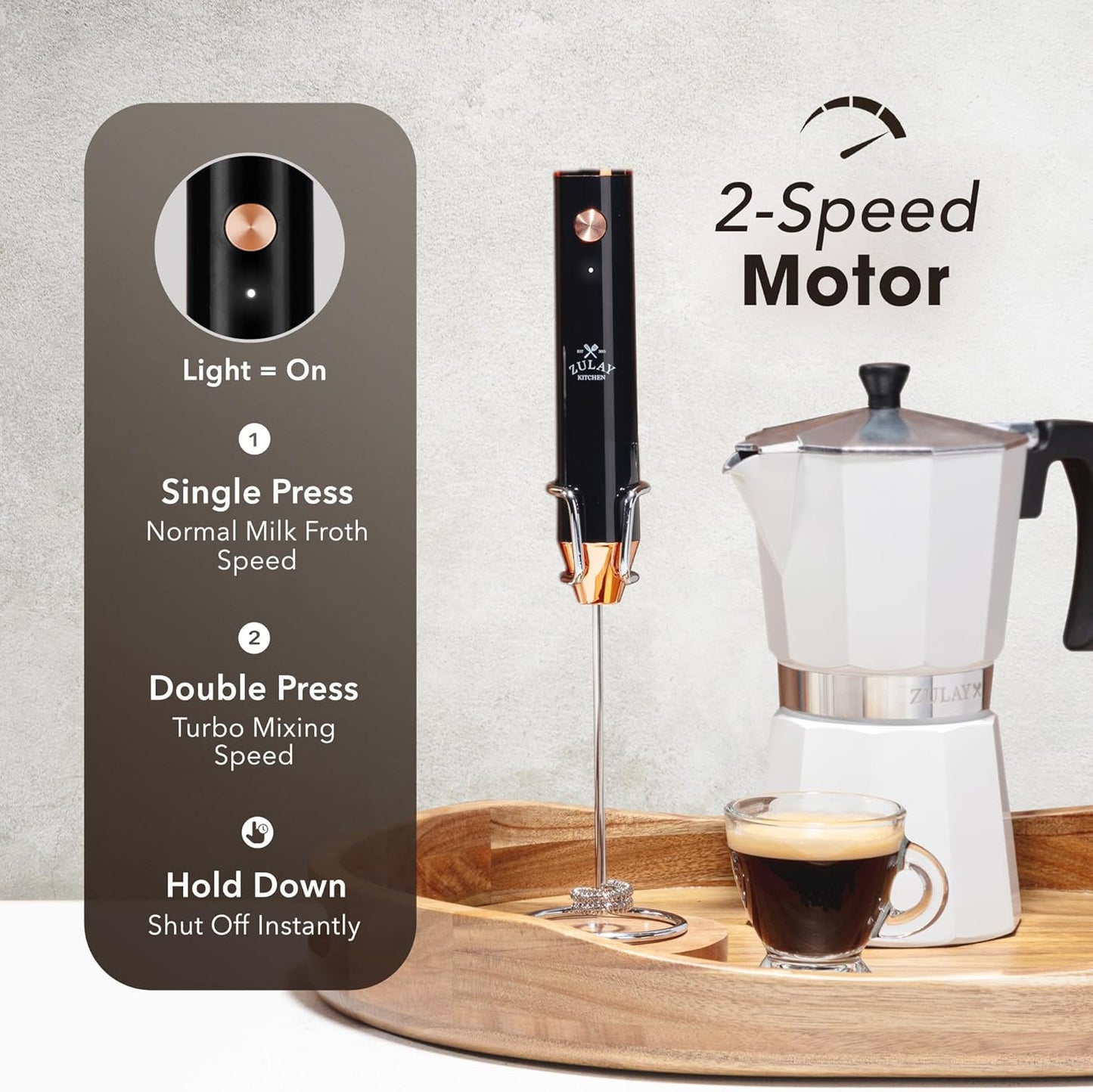 Zulay Kitchen Rechargeable Milk Frother - Powerful 2-Speed Mixer with 4 Whisks - Dark Copper Finish