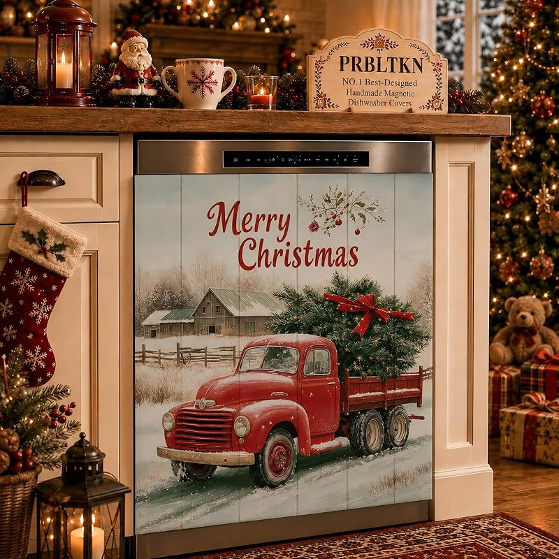Christmas Red Truck Dishwasher Magnet Cover - Full Door Magnetic Panel