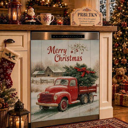 Christmas Red Truck Dishwasher Magnet Cover - Full Door Magnetic Panel