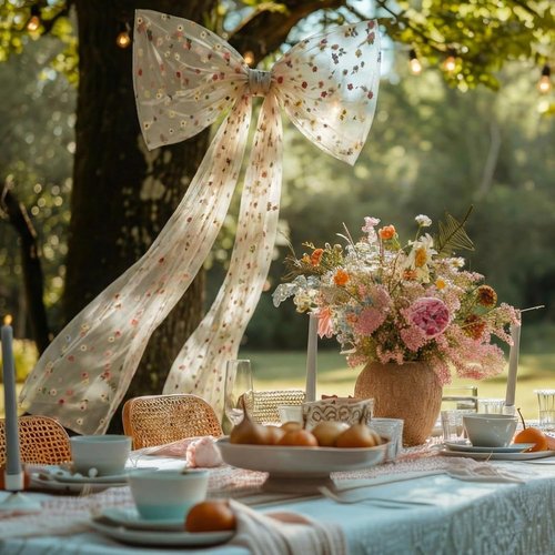 Canlierr Extra Large Floral Tulle Bow Decorations - 39 x 59 Inch Champagne Organza Bow for Spring Weddings & Room Decor