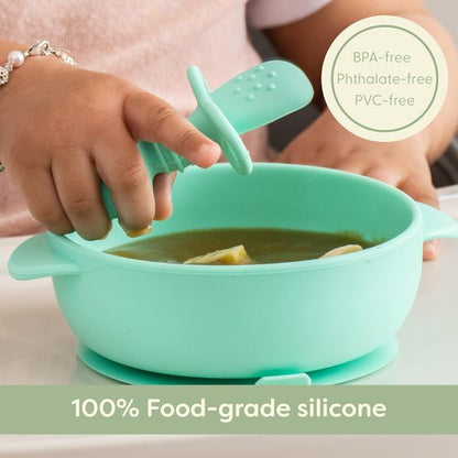 UpwardBaby Self-Feeding Spoon - Anti Choke Barrier - Silicone Baby Spoons Toddler Utensils for Home & Travel, Textured Tips Massage Gums & Baby-Led Weaning (Blue/Gray/Mint)