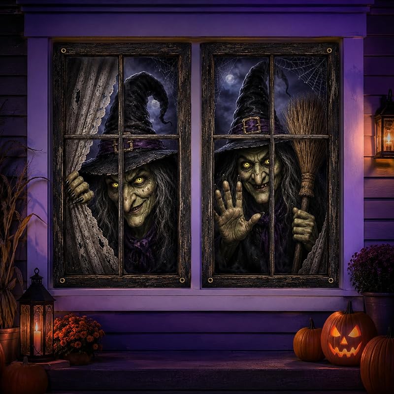 Halloween Window Covers 2 Pack - Creepy Witch Faces, 31.5 x 47.2 in - Variation D
