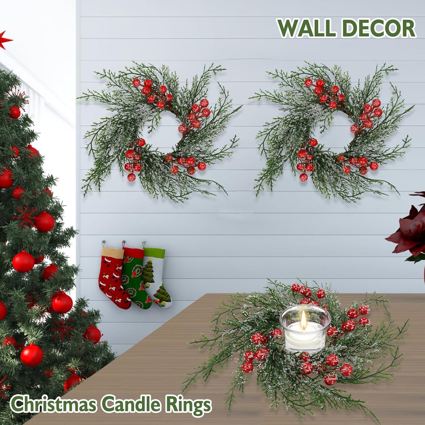 Regine Switzerland Christmas Candle Rings - 6 Pcs Artificial Wreaths with Red Berries & Snowy Pine for Festive Table Centerpieces