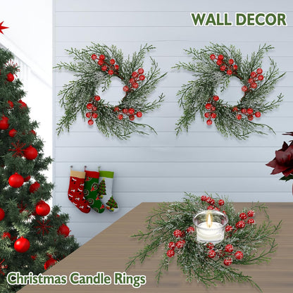 Regine Switzerland Christmas Candle Rings - 6 Pcs Artificial Wreaths with Red Berries & Snowy Pine for Festive Table Centerpieces