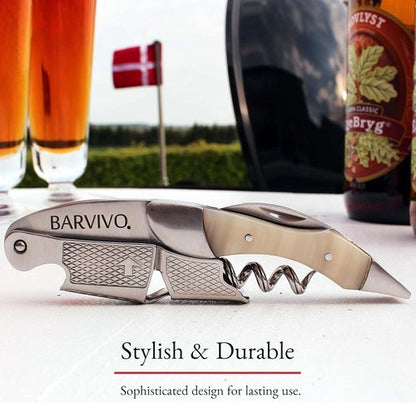 Barvivo Wine Opener with Foil Cutter and Cap Remover - Double Hinged Corkscrew for Bartenders - Stainless Steel Wine Key for Easy Bottle Opening - Manual Wine Bottle Opener - White Resin, 4.7x1.2-Inch