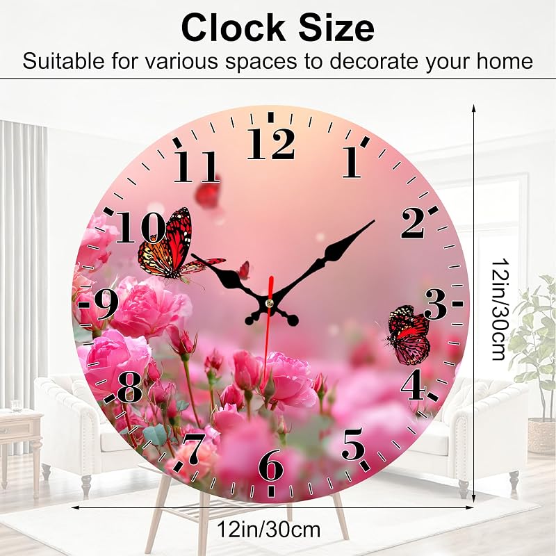 12-Inch Silent Round Wall Clock with Non-Ticking Mechanism - Pink Rose Butterfly Variation