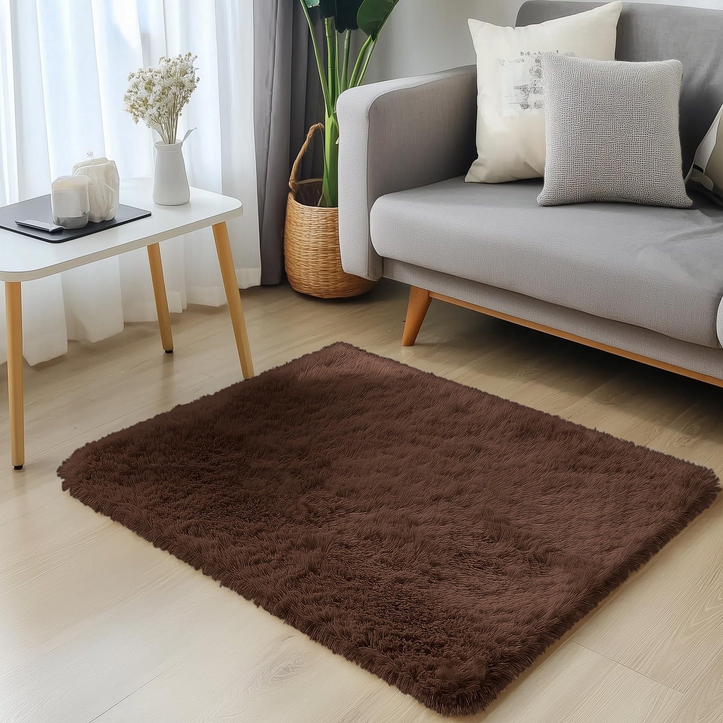 OLANLY 3x3 Machine Washable Small Bedside Rug, Soft Fluffy Shaggy Entryway Throw Rugs for Bedroom, Living Room, Indoor Floor Carpet for Kids Girls and Boys, Nursery Rooms, Home Decor Aesthetic, Coffee