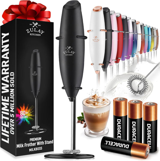 Zulay Kitchen Milk Frother Wand - Ultra-Fast Handheld Drink Mixer with 4 AA Batteries | Executive Black
