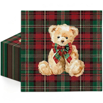 Whaline Red Green Plaid Bear Paper Napkins 50ct - 13x13in Luncheon, Baby Shower & Christmas Theme