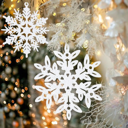 Kockuu Christmas Ornaments - 49Pcs White Glitter Snowflake Decorations for Tree & Home Decor