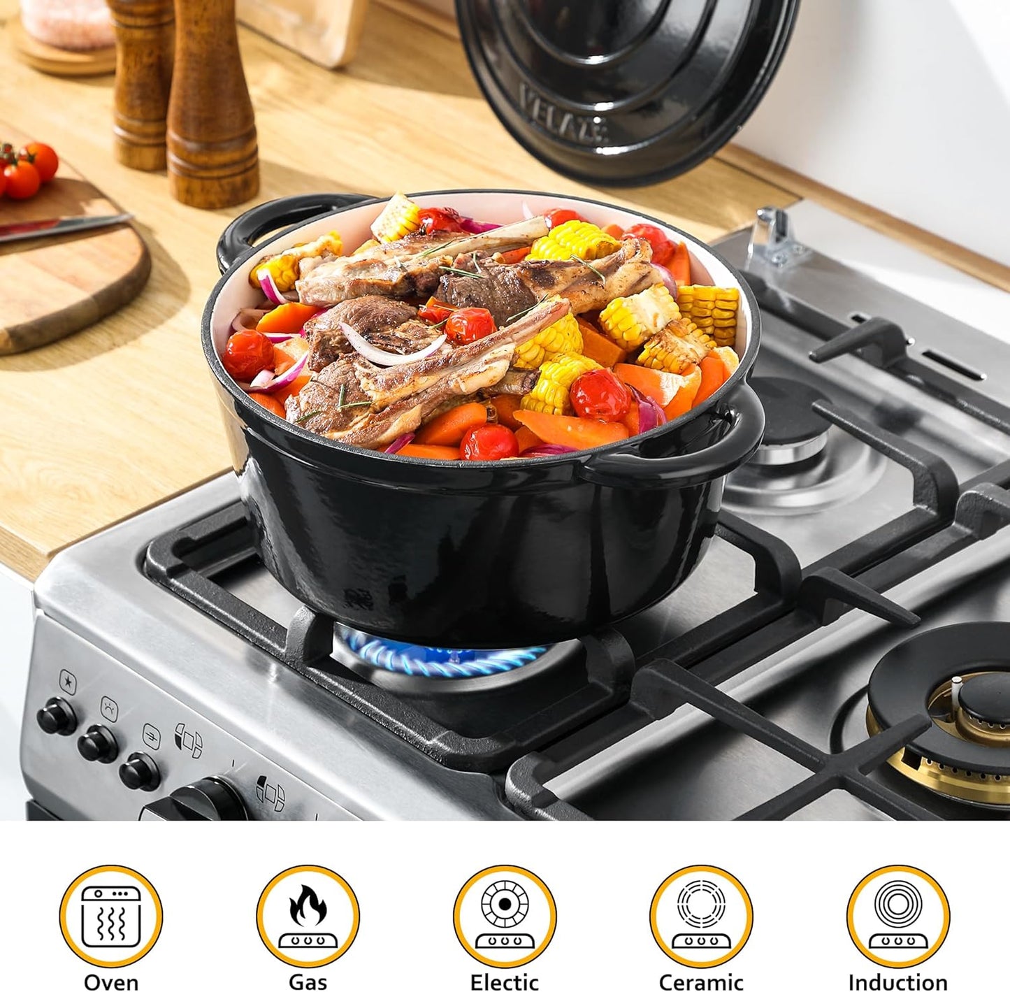 Velaze 7.5 QT Dutch Oven - Enameled Cast Iron Pot with Dual Handles for Sourdough Baking | Black