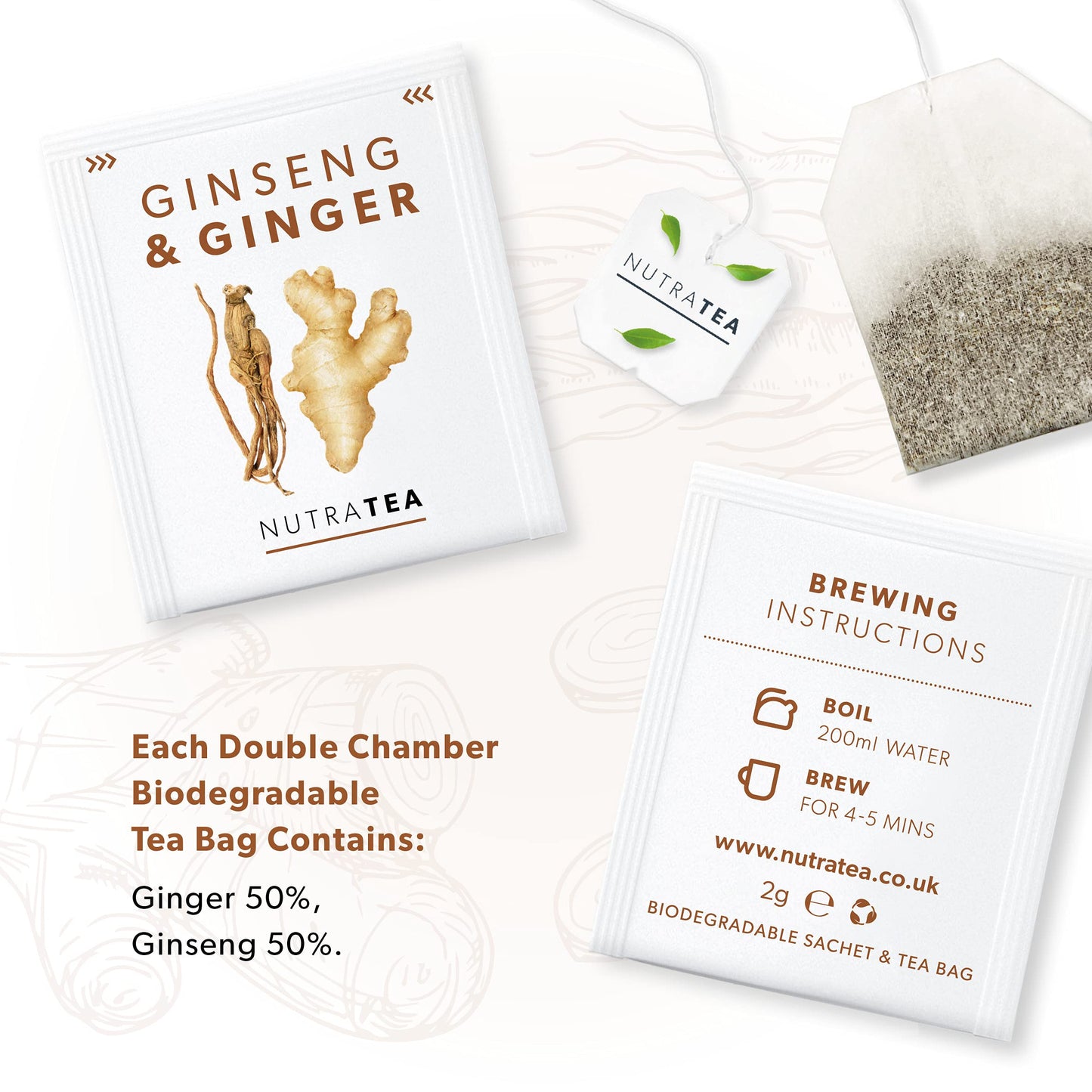 Nutra Tea - Ginger & Ginseng Tea - 40 Tea Bags - Herbal Tea – (2 Pack)