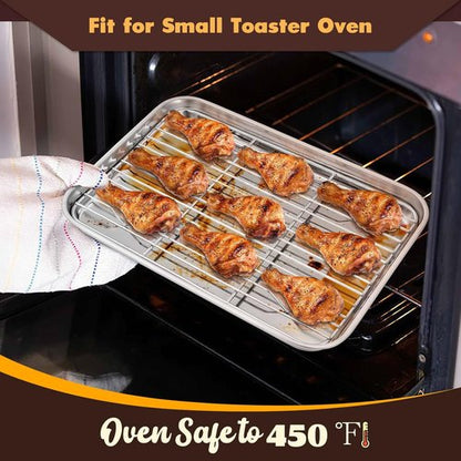 E-far Stainless Steel Baking Pan Set - 10.5”x8.3” Toaster Oven Tray with Wire Rack for Broiling & Roasting