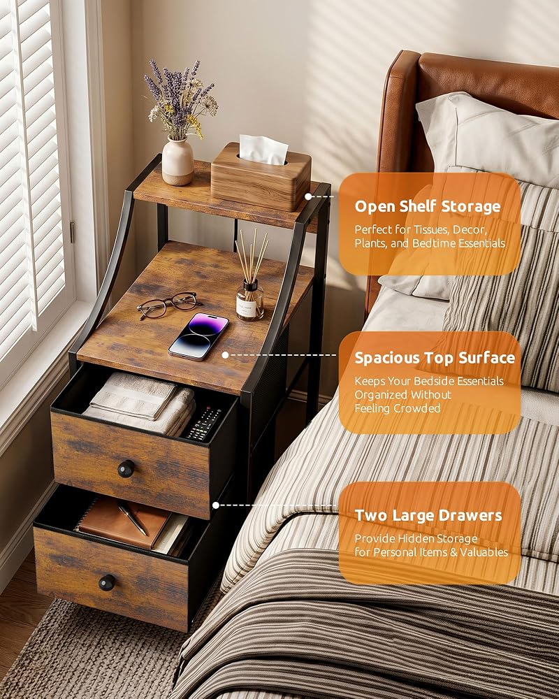 Narrow Nightstand with Charging Station - Rustic Brown - 11.8" Wide