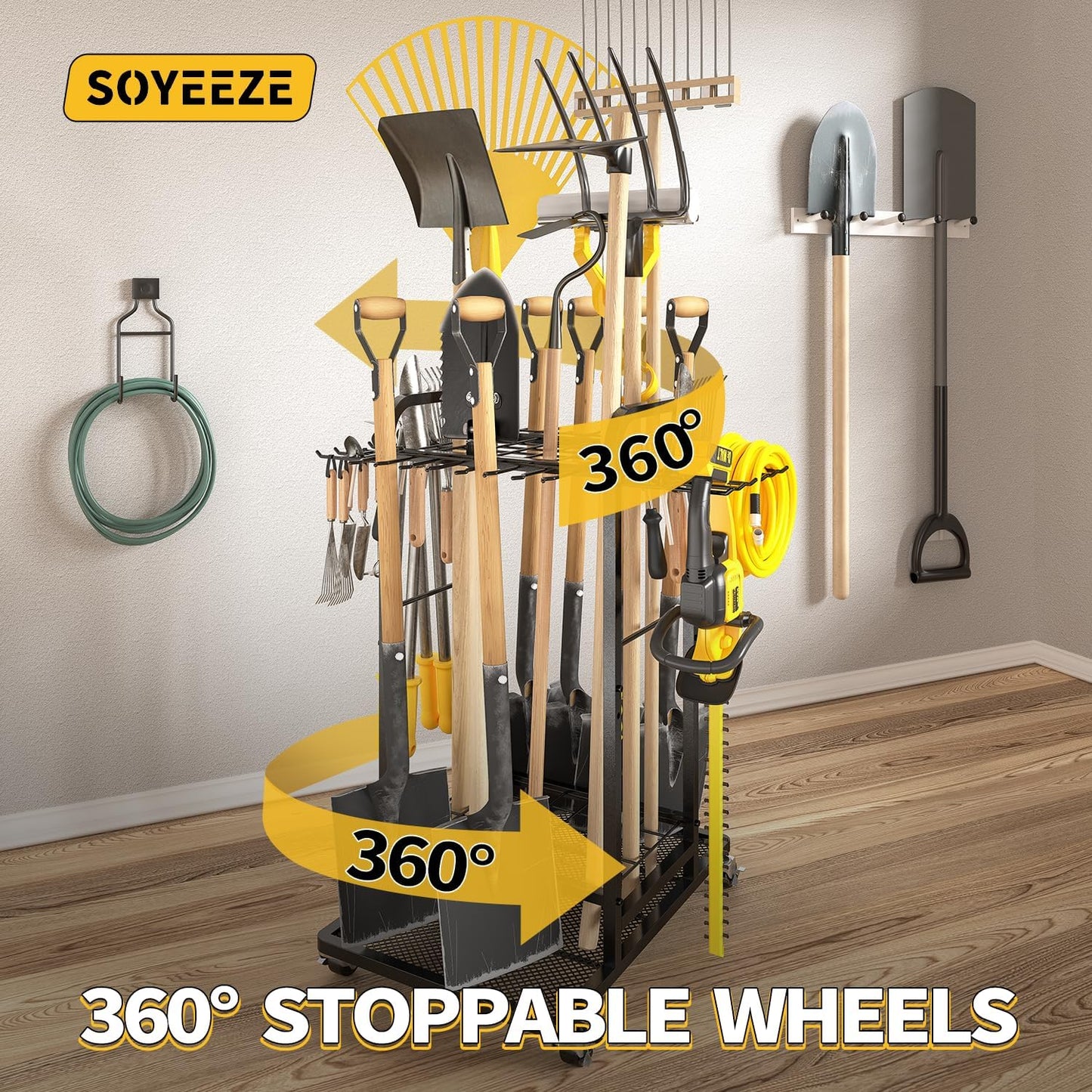 SOYEEZE Garden Tool Organizer - Heavy-Duty 3-Tier Tool Rack with Lockable Wheels | Holds 35 Tools