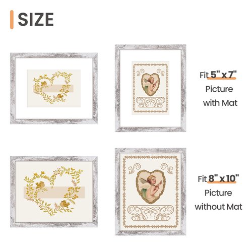 upsimples 8x10 Picture Frame, Display Pictures 5x7 with Mat or 8 x 10 Without, Wall Hanging Photo Frames, Rustic White, 1 Pack