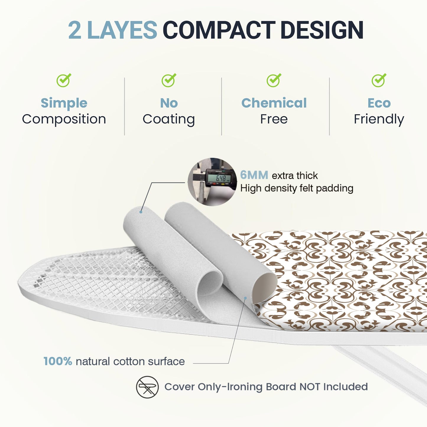 UniSimp Ironing Board Cover and Pad 15"x54" Extra Thick Natural Cotton, Scorch and Stain Resistant Padding, Standard Size Iron Board Cover with Fasteners Heavy Duty Elastic Edge, Heatproof Taupe