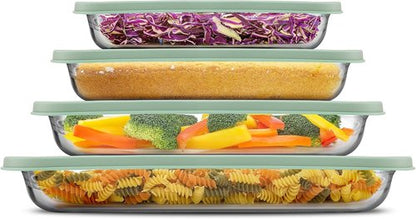JoyJolt 8-Piece Borosilicate Glass Baking Dish Set - Deep Rectangle Dishes with Sage Green Lids | Oven & Freezer Safe