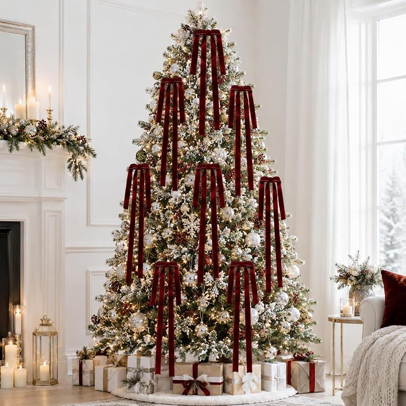 6Pcs Long Burgundy Velvet Christmas Bows Ornaments - 15 x 24 in, Pre-Stringed