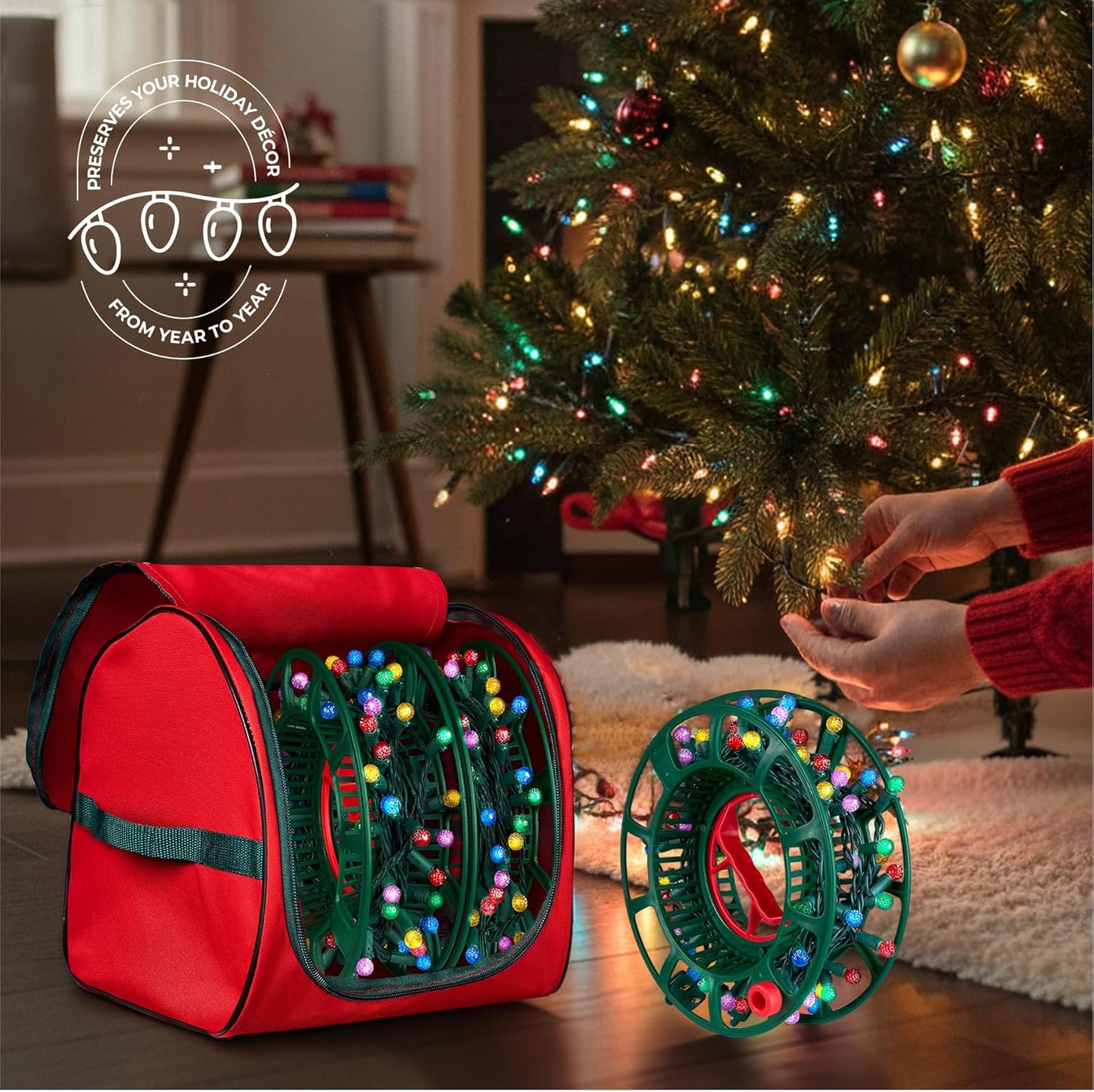 ZOBER Christmas Light Storage Reels - Durable Organizer with 3 Wheels - Fits 200 Mini Lights - Red