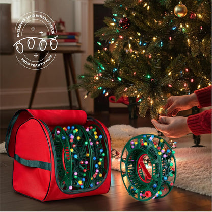 ZOBER Christmas Light Storage Reels - Durable Organizer with 3 Wheels - Fits 200 Mini Lights - Red