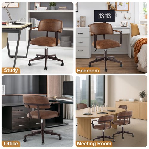BERYTH Home Office Desk Chair, Mid-Century Modern Desk Chair with Padded Arms, Adjustable Seat Height, Mid Back 360° Small Computer Chair with Mobile Mute Wheel, PU Leather (Brown)