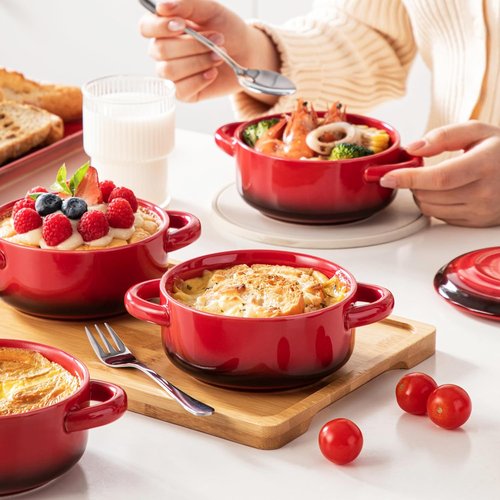 LOVECASA Mini Cocotte Set - 12 OZ Casserole Dishes with Lids | Oven & Microwave Safe, Set of 4 - Red