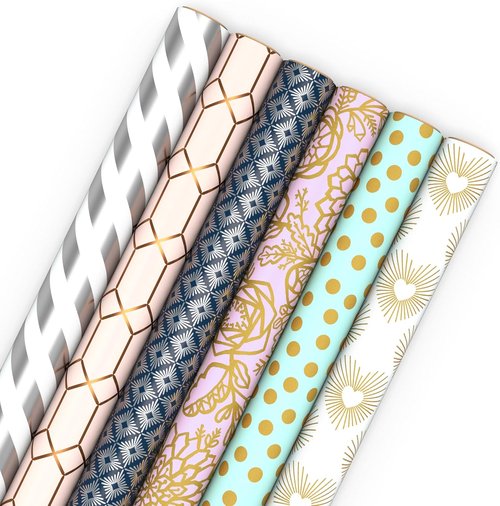 Hallmark Wrapping Paper - 6 Rolls of Elegant White & Silver Stripes, Mint Green, Gold Hearts & Flowers | 180 Sq. Ft. Total for Special Occasions
