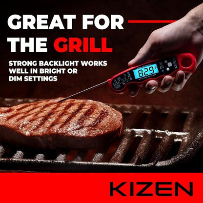 KIZEN Instant Read Meat Thermometer - Digital Cooking Thermometer with Large Backlit Display | Waterproof IP67
