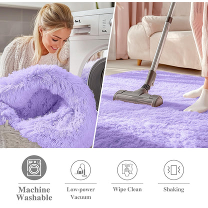 OLANLY Light Purple Round Rugs for Bedroom - Machine Washable, 2 ft Circle Area Rugs for Living Room, Soft and Fluffy Shaggy Carpet for Teen Girls and Boys, Nursery Rooms, Dorms, Home Decor Aesthetic