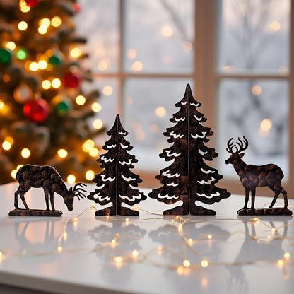 YULETIME 4-Piece Metal Christmas Reindeer & Tree Silhouette Set - Festive Holiday Tabletop Decor