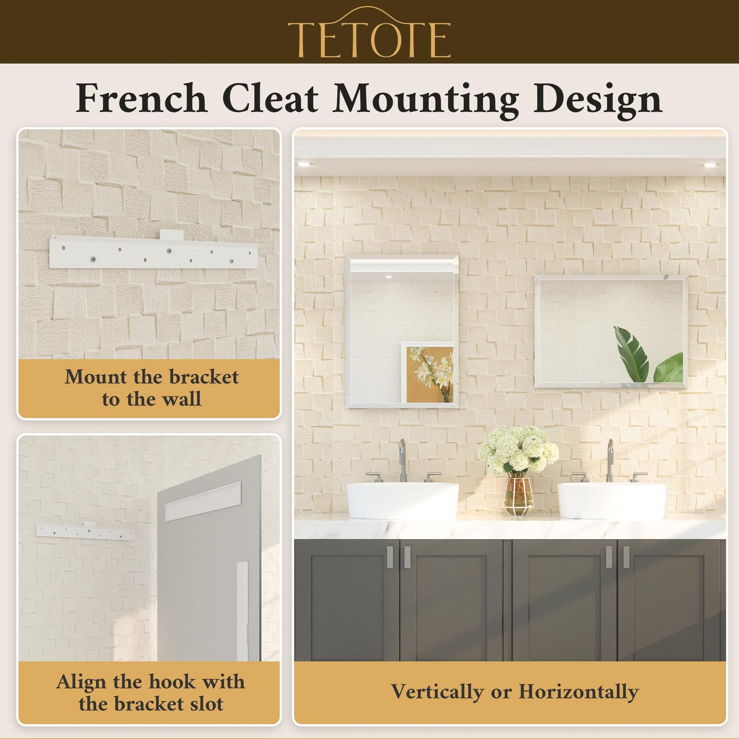 TETOTE 22" x 30" Bathroom Mirror Frameless Tempered Wall Mounted Beveled Mirror for Bathroom